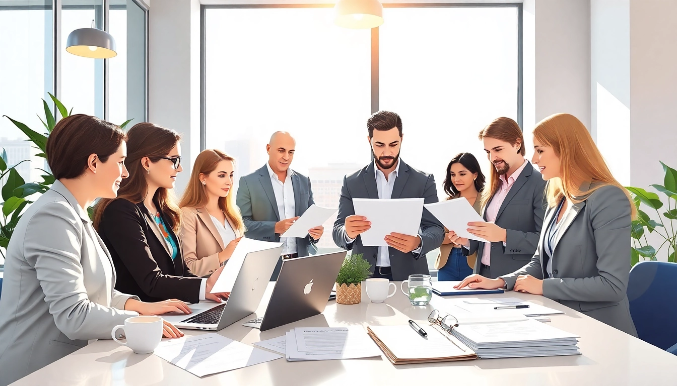 Enregistrer une société au Luxembourg avec des entrepreneurs au bureau, examinant des documents.