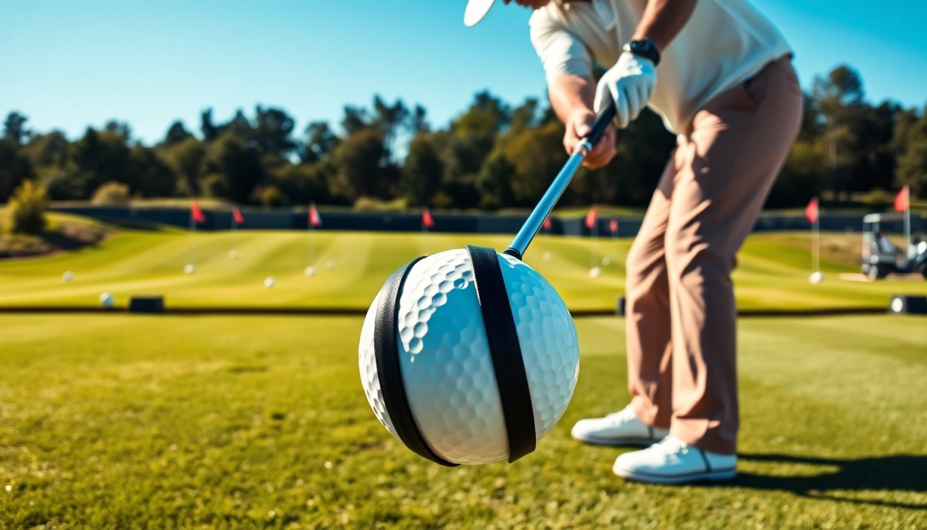 Golfer practicing with a golf swing training aid at a sunny driving range.
