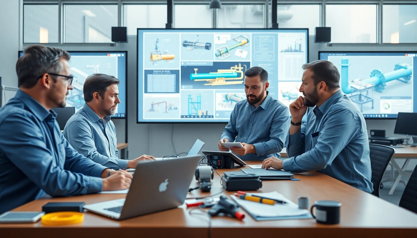 Engineers working in a modern office focused on pipe stress Analysis Company, showcasing teamwork and technology.