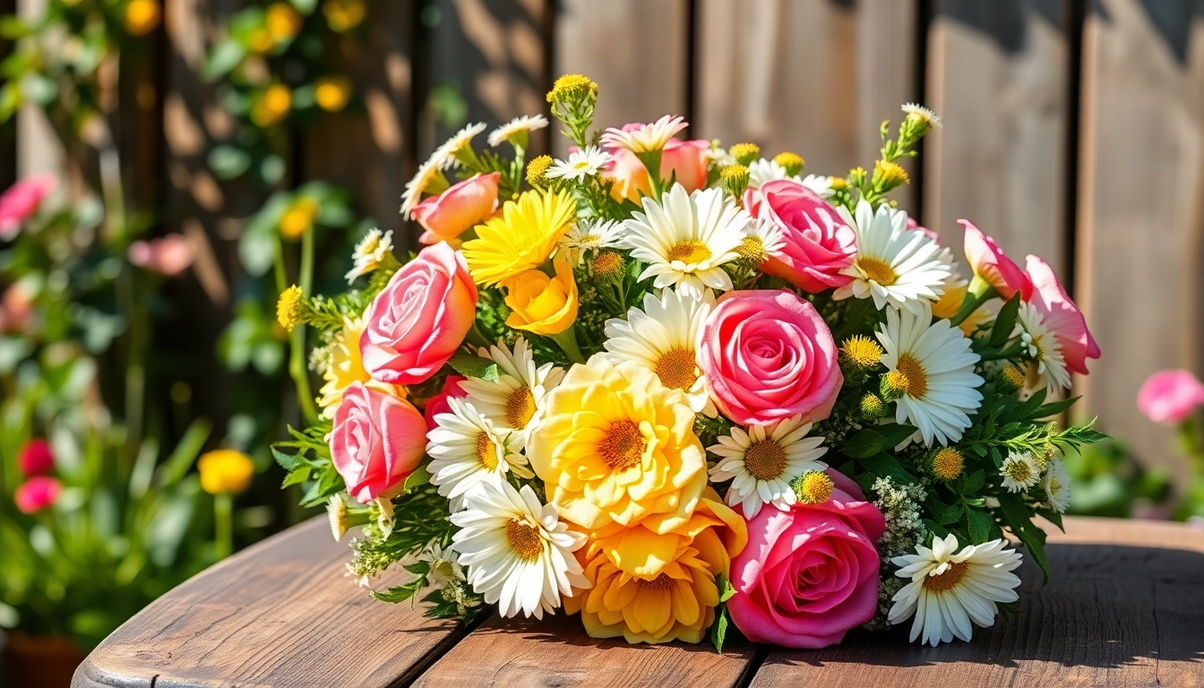 Beautiful bouquet of Irvine flowers featuring vibrant roses and daisies arranged on a rustic table.