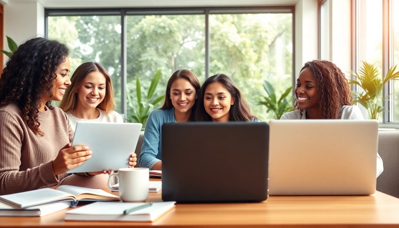 Students collaborating in a bright workspace, highlighting online university degrees from UK