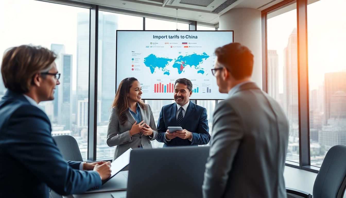 Business professionals discussing strategies with a focus on import tariffs china in a modern office setting.