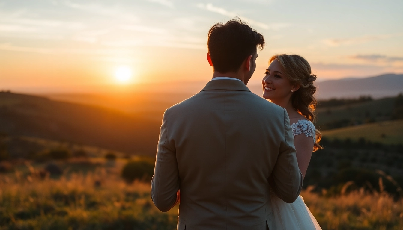 Wedding videographer in Ireland capturing a stunning sunset moment of newlyweds in a picturesque landscape.