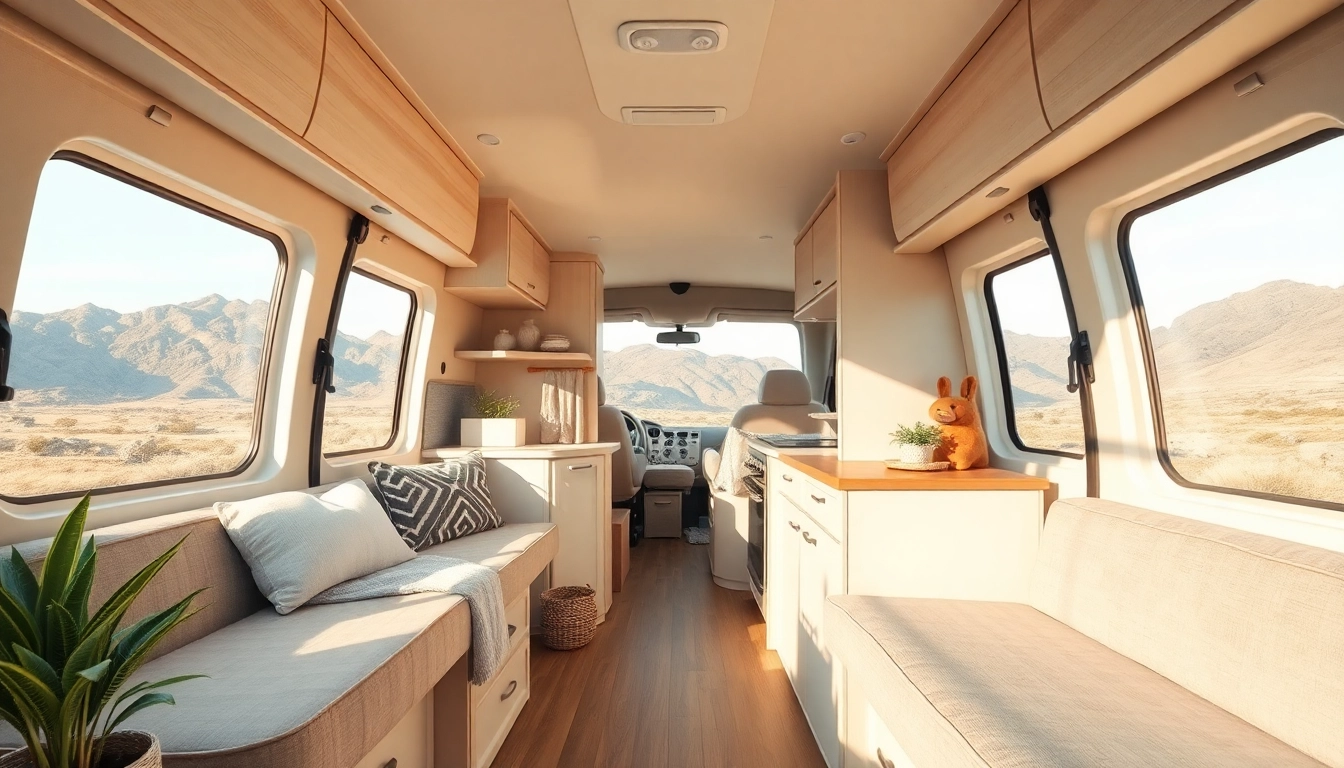 Showcasing the perfect Van interior with organized kitchen and cozy seating for ideal travel experiences.