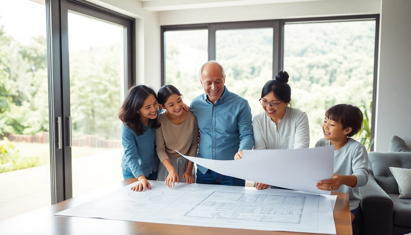 Family engaging with connecticut home builders while reviewing custom home blueprints in a modern office.