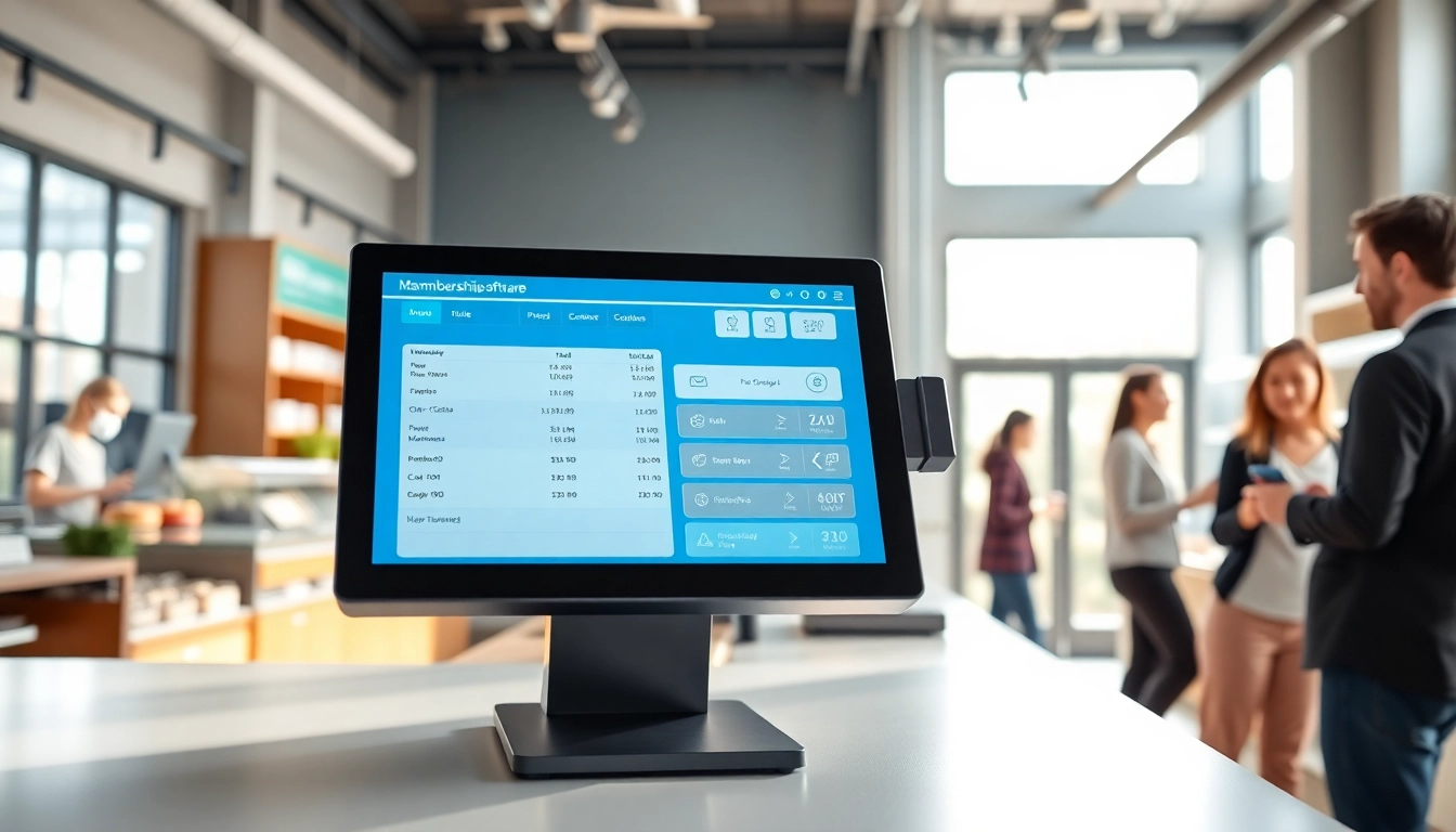 Showcasing a professional POS Membership Software interface on a touchscreen device in a vibrant retail environment.