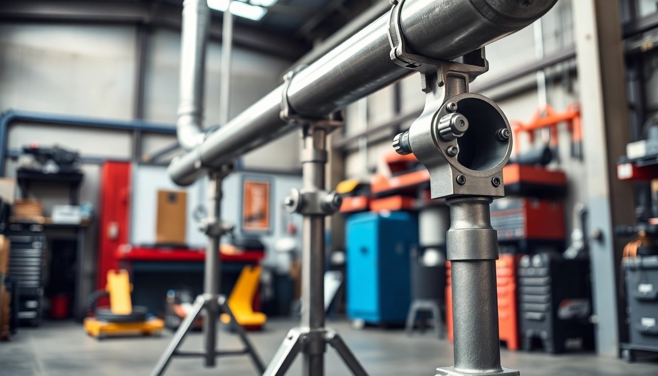 Pipe stands supporting heavy industrial pipes in a professional workshop setting.