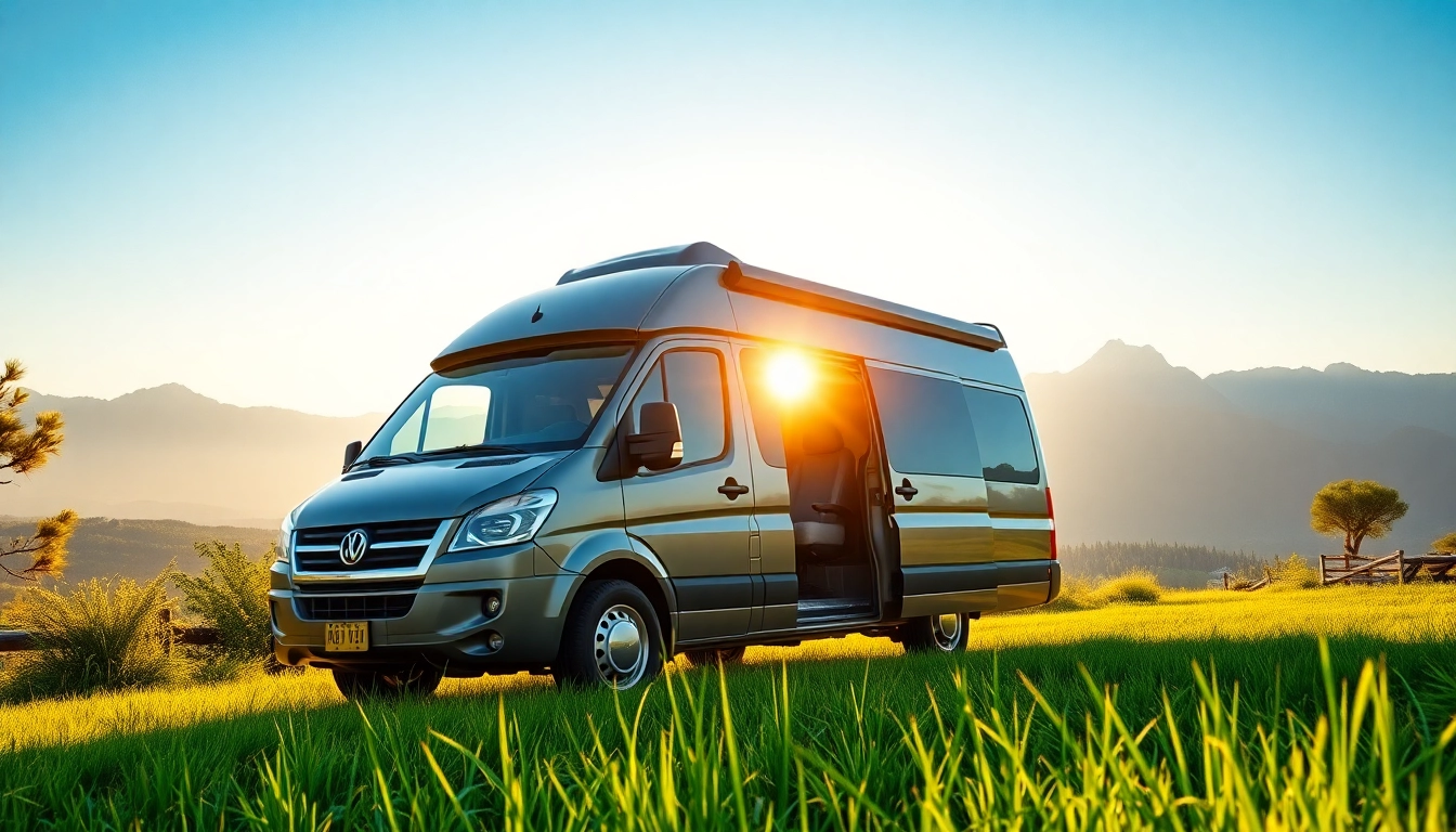 Camper Van parked at a scenic overlook with mountains in the background, invites adventure.