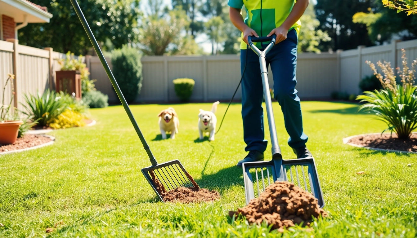 Efficient dog poop cleanup service in action, showcasing a professional scooping waste in a clean yard.