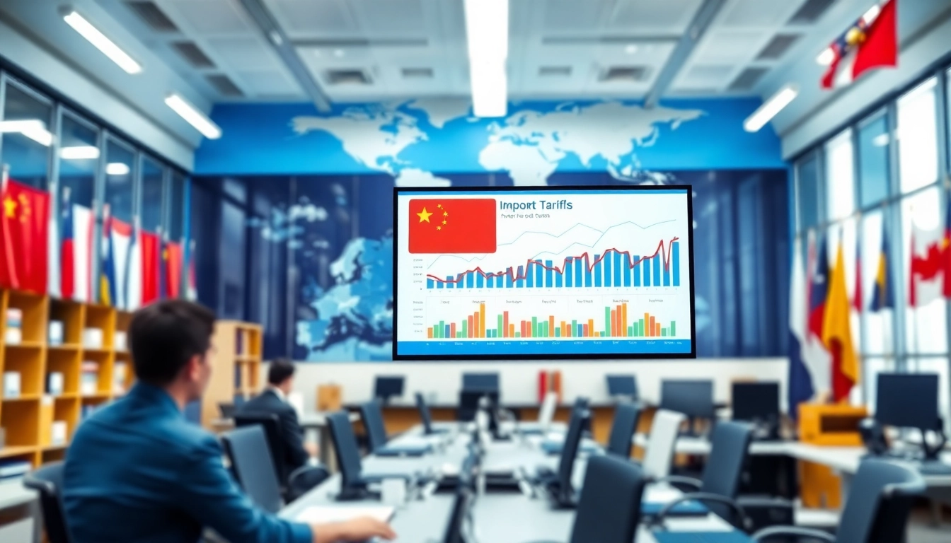 A trade office scene showcasing the impact of import tariffs on China with charts and international flags.