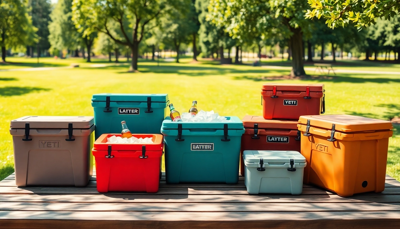 Showcasing cooler companies like Yeti with vibrant alternatives filling a picnic setup.