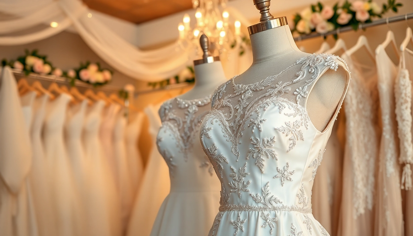 Showcase luxurious beaded wedding dresses with intricate details in a romantic boutique setting.