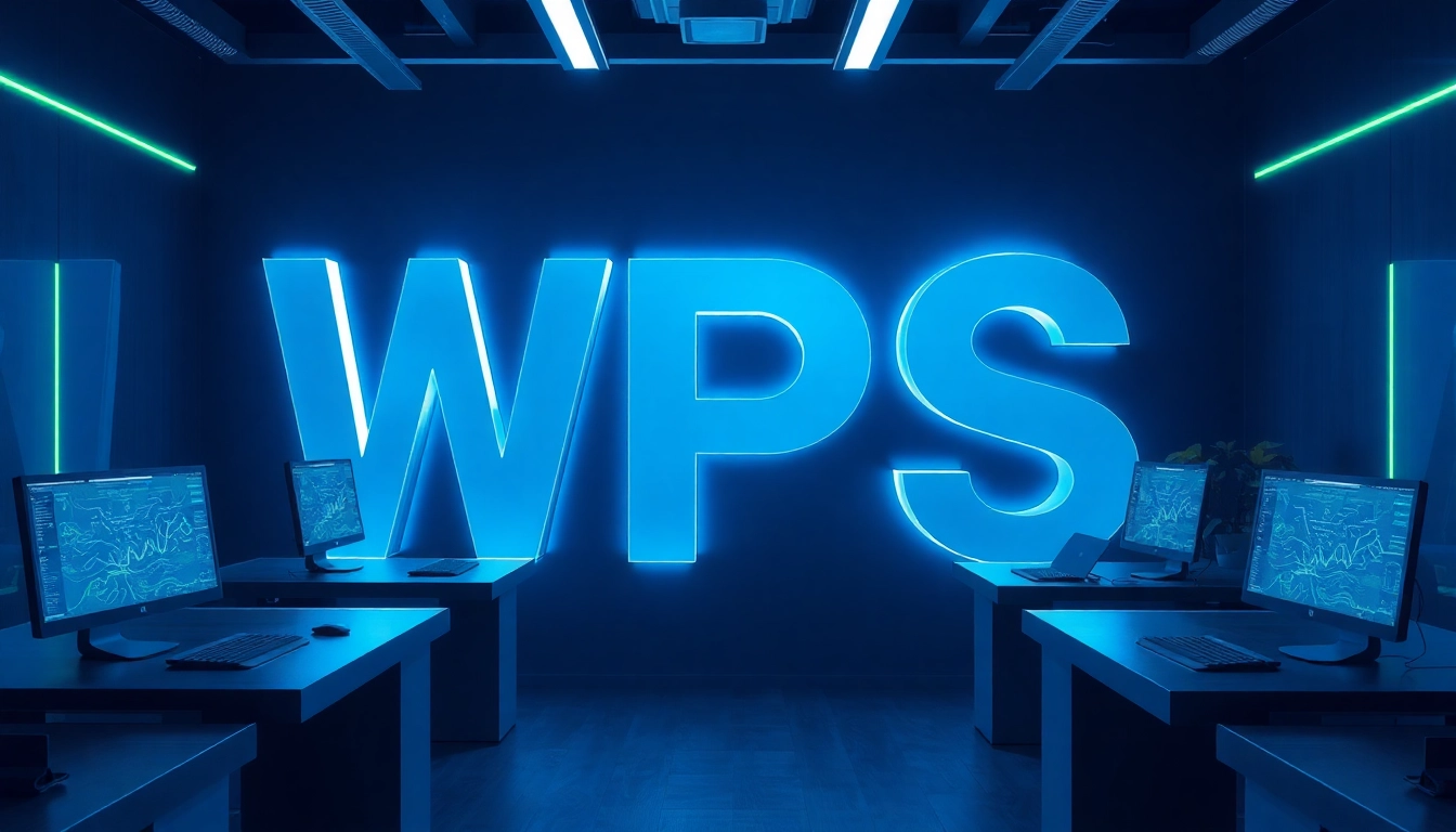 Showcase a modern digital workspace with the WPS acronym in dynamic 3D design and innovative elements.