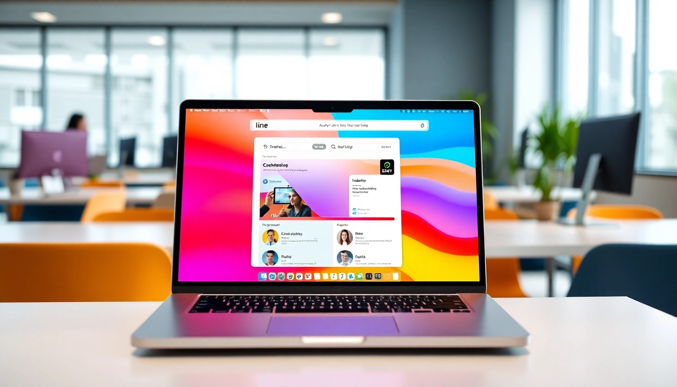 Download the line电脑版下载 application on a laptop with a modern interface in a bright office setting.