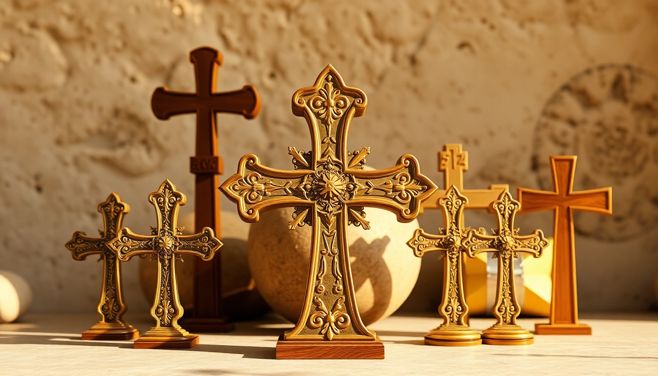 Admiring Jerusalem crosses featuring intricate designs and warm lighting.