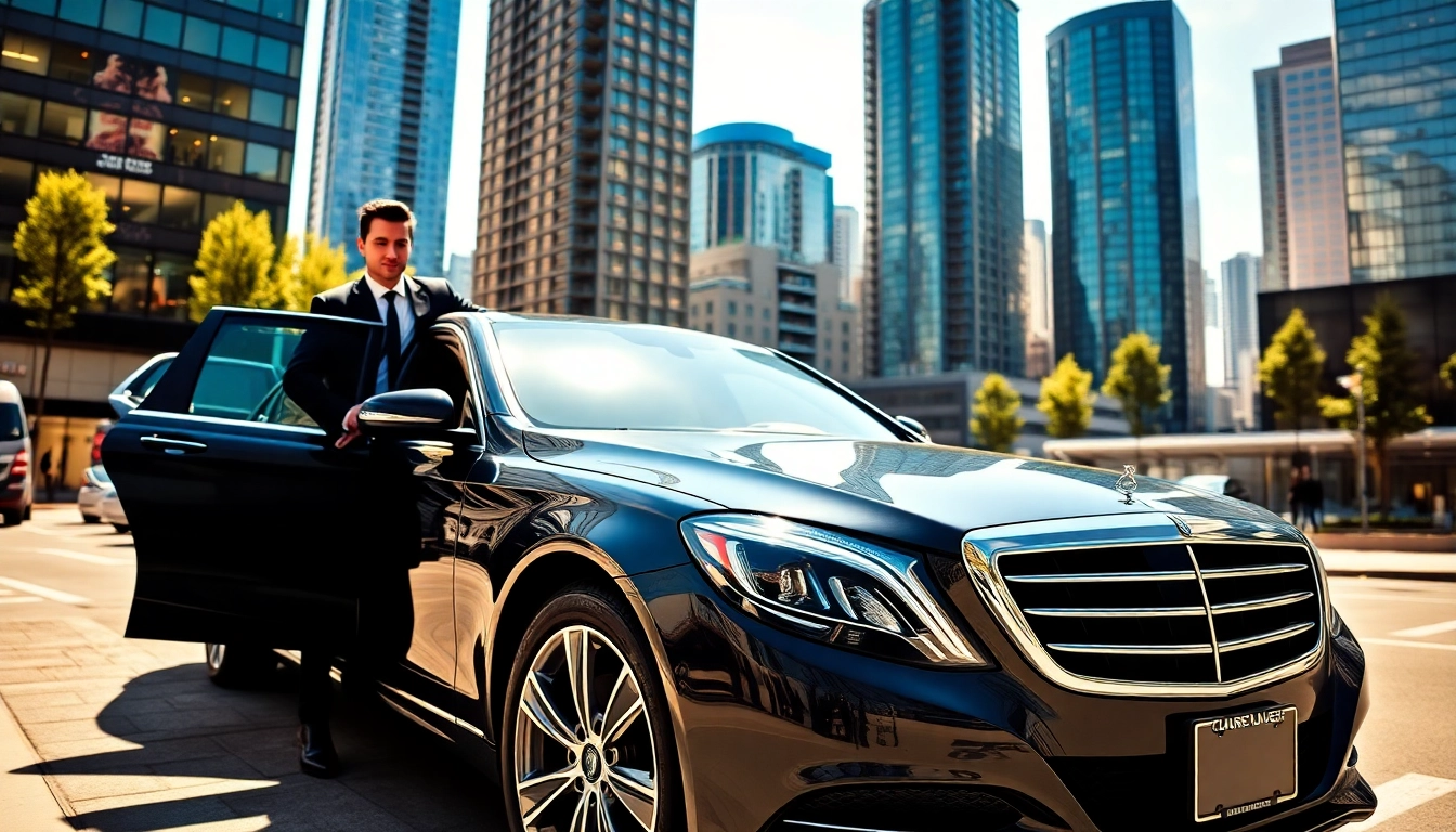 Showcasing a luxury car service Vancouver with a professional chauffeur welcoming passengers in a city setting.