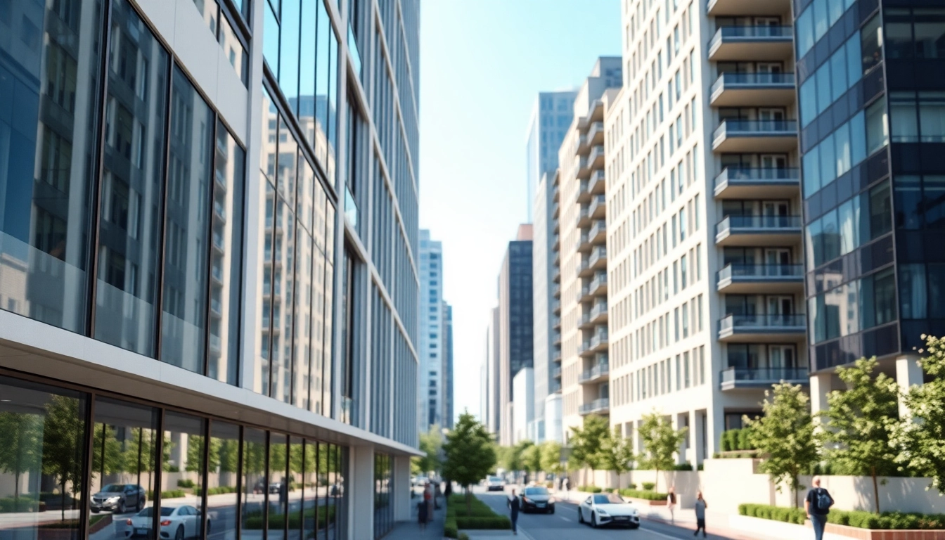 Architekturvisualisierung eines modernen Wohngebäudes in einer urbanen Umgebung, mit lebendigen Details.