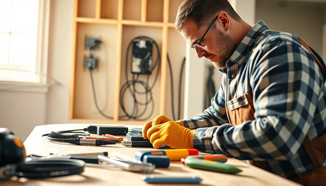 Electrical Contractor engaged in precise wiring installation in a residential setting.