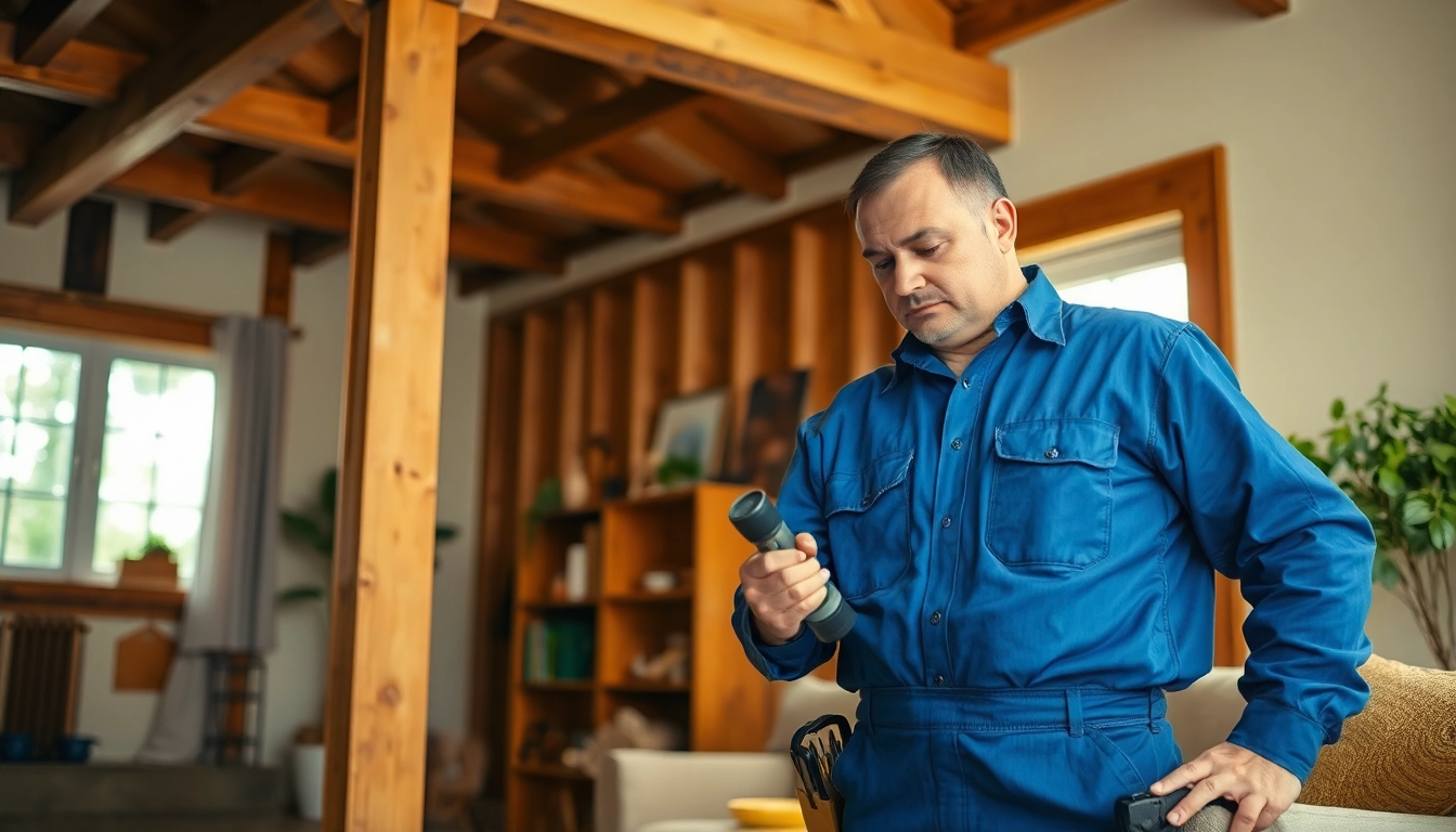 Conducting termite inspections in a home, with a focused inspector examining wood for damage.
