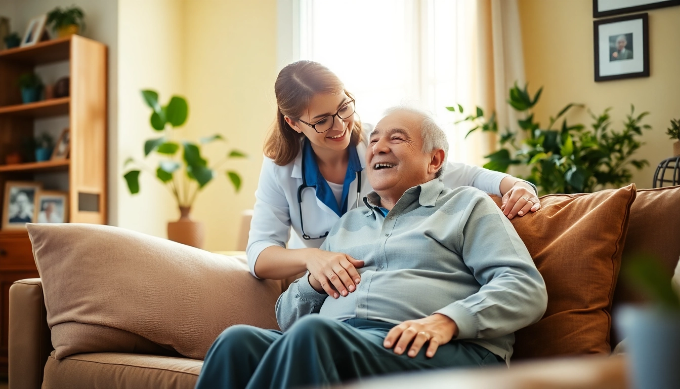 Engaged caregiver providing austin senior home care support to an elderly man in a warm, inviting living room.