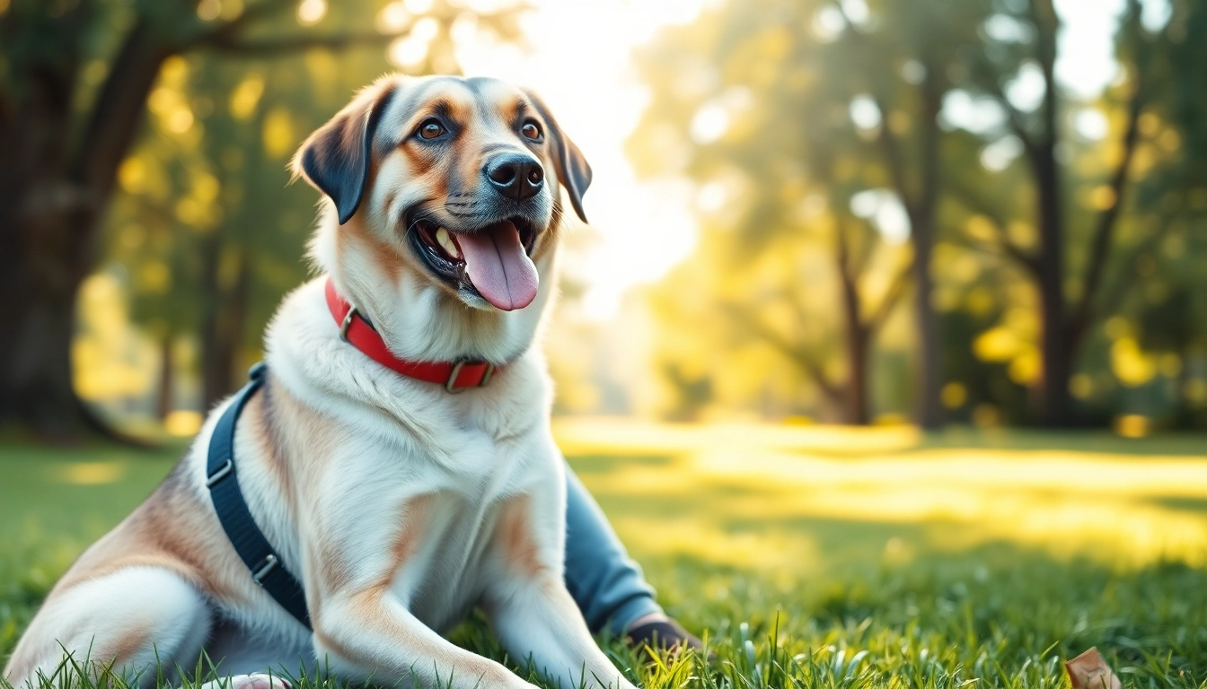 Find a PTSD service dog for sale providing comfort and companionship in a serene park setting.