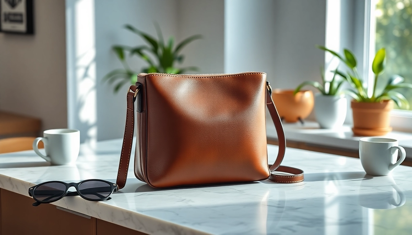 Showcasing a luxurious Coffee leather crossbody bag elegantly displayed on a marble countertop.
