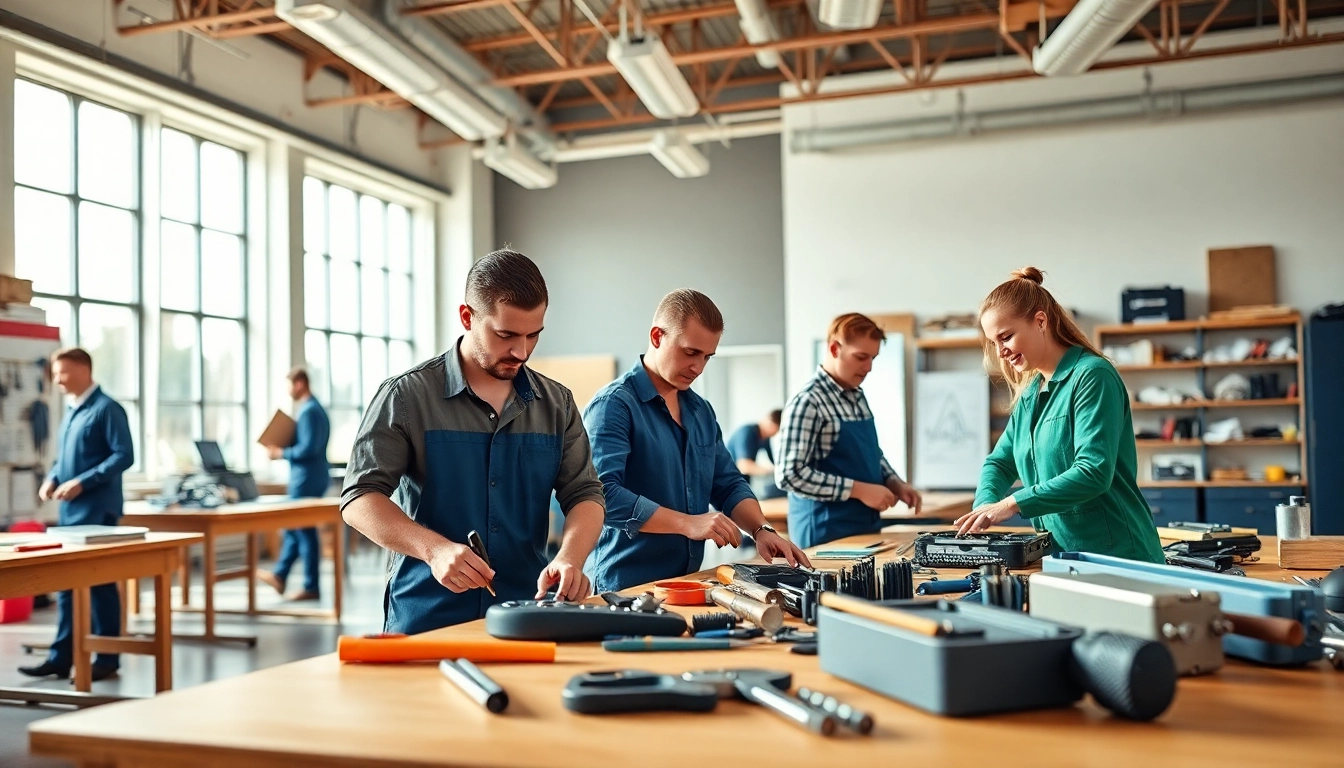 Students engaged in training at an abc trade school workshop, showcasing hands-on learning in a bright environment.