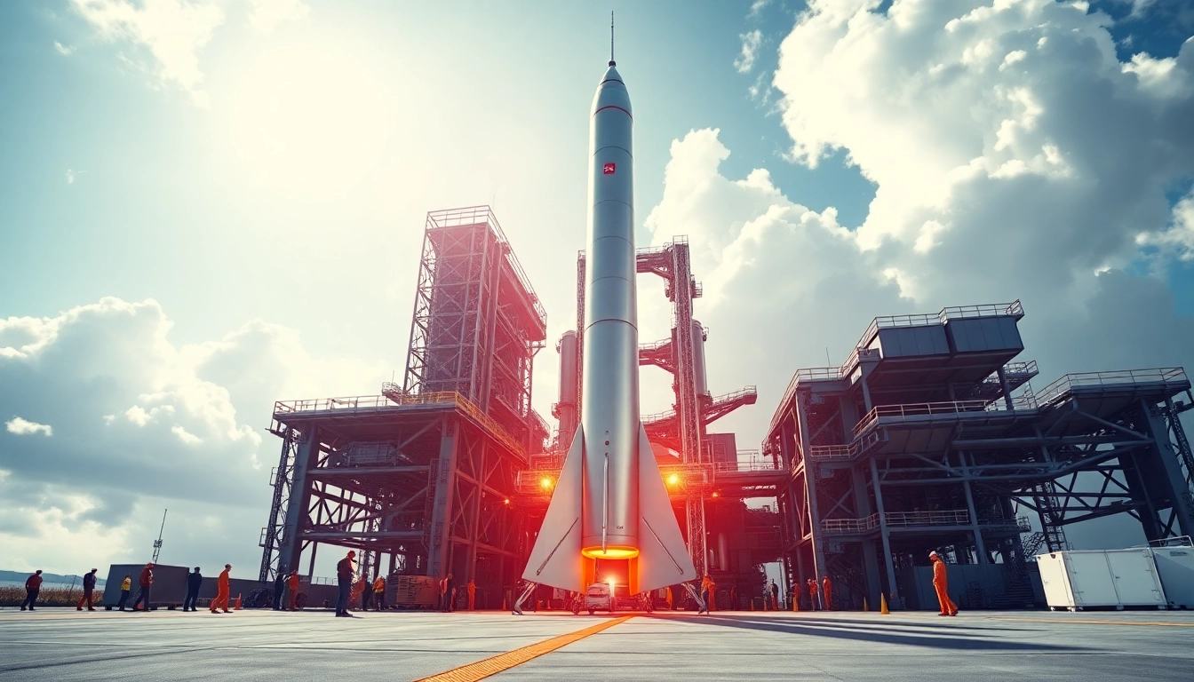 Launch scene featuring a Rocket Lab rocket at a space facility, embodying ambition and innovation.