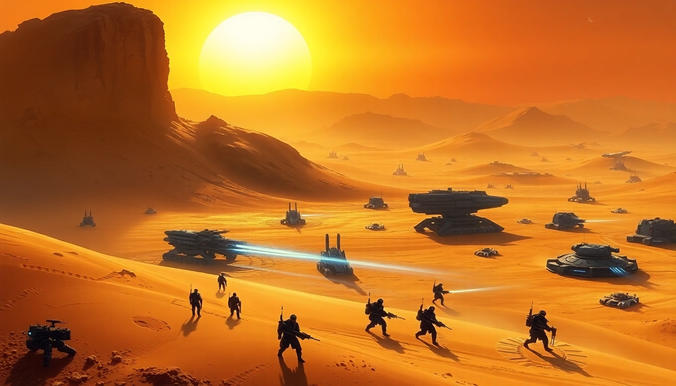 A depiction of the Dune 2 game with strategic troops and futuristic vehicles in a desert landscape.