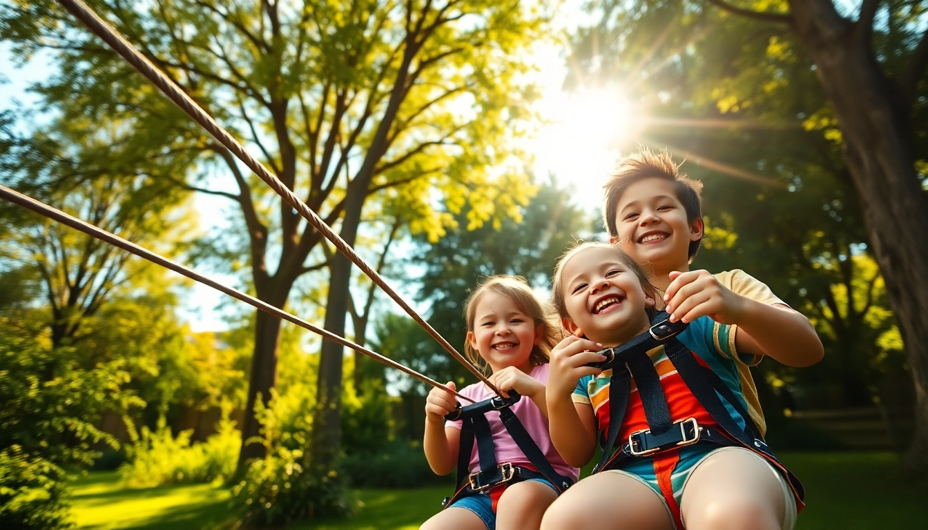Children enjoying a GARDEN ZIP WIRE KIT in a lush backyard under a bright blue sky.