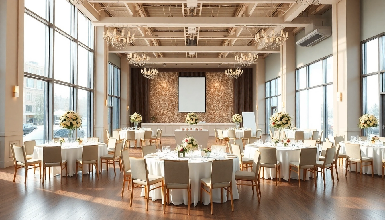 Host an elegant gathering at city venue event center with stylish seating and decorations.