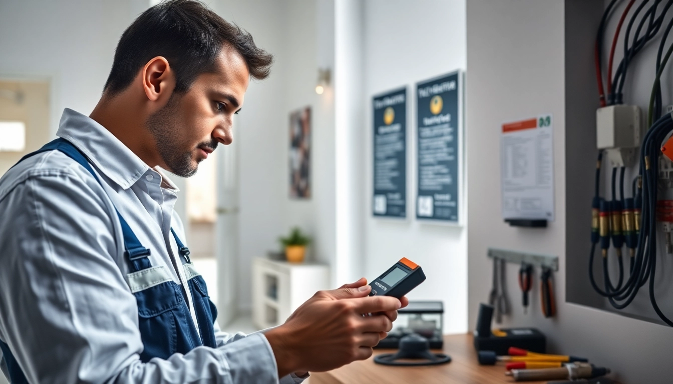 Electrical Contractor examining a wiring system with tools in a bright modern setting.