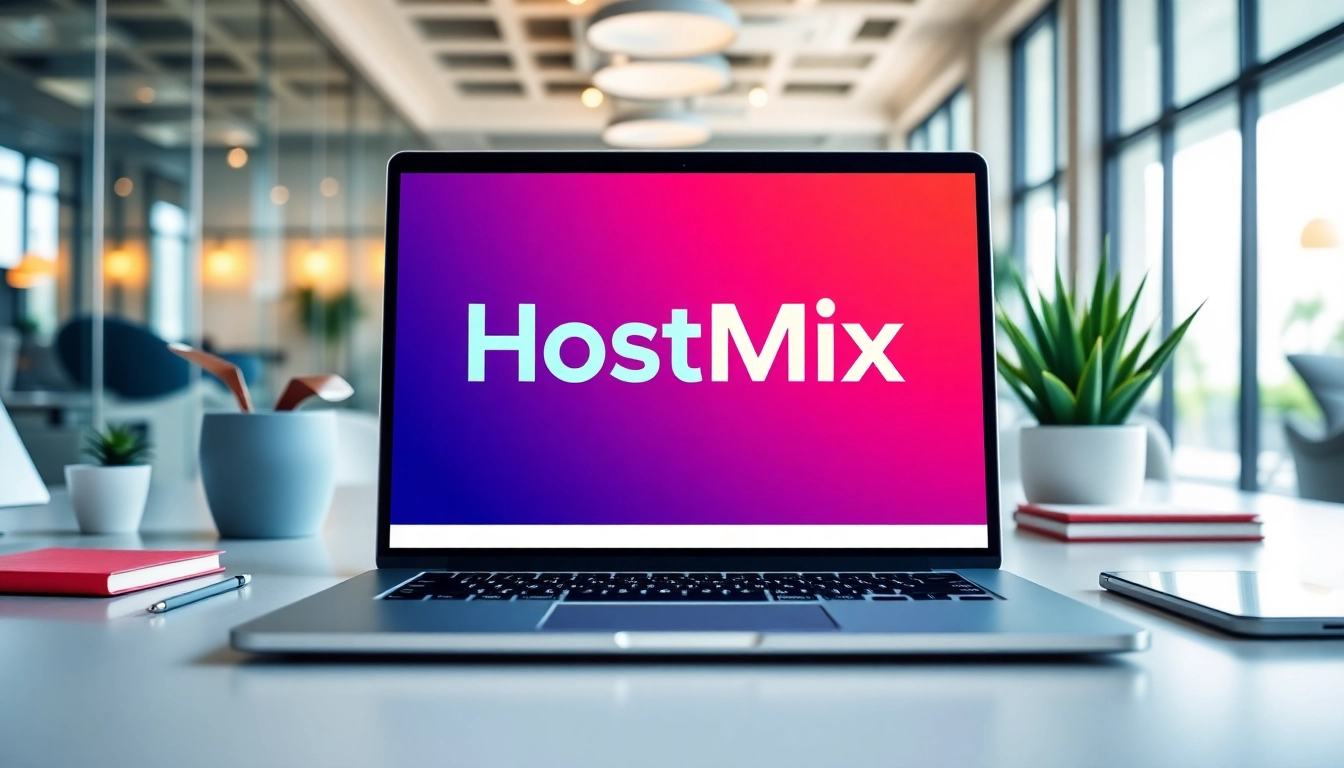 HostMix logo displayed on a sleek laptop in a modern office setting.