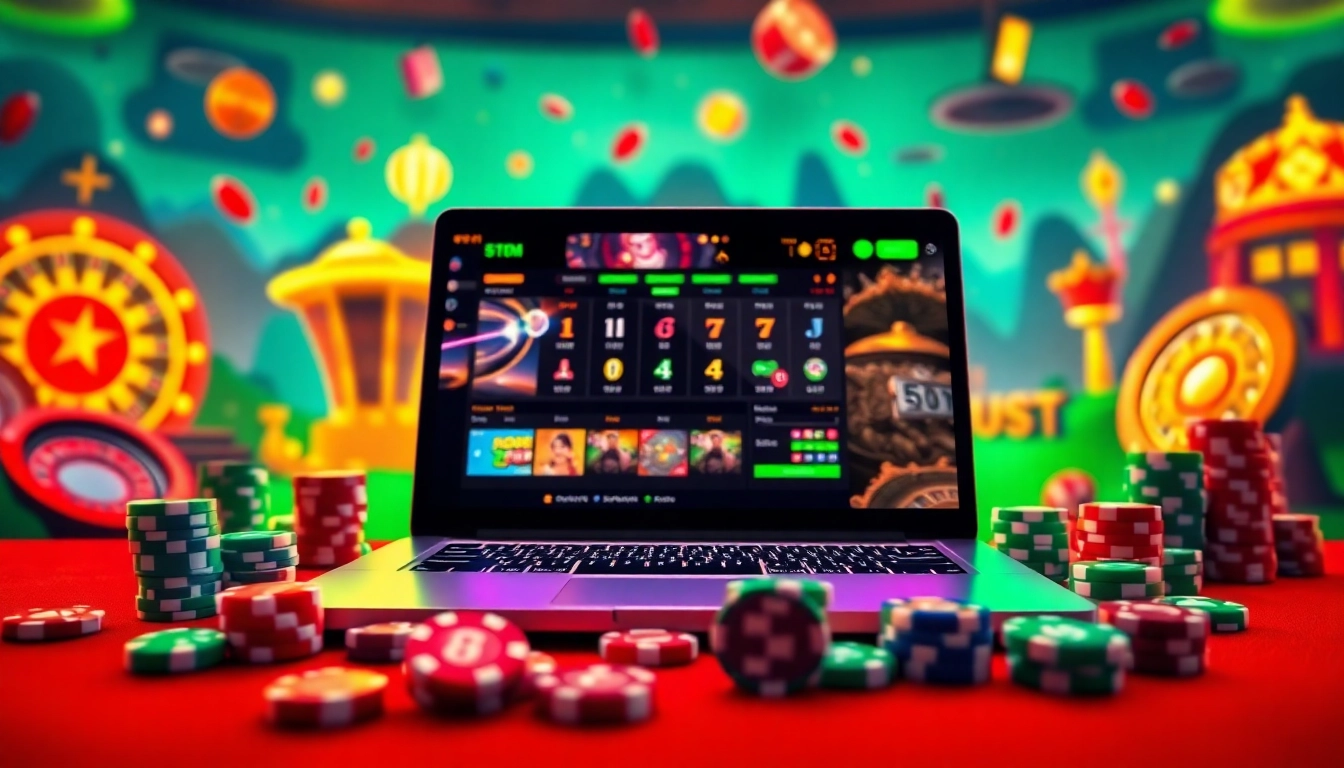 Experience TPower casino gaming with a vibrant setup of a laptop, chips, and dice in an engaging atmosphere.
