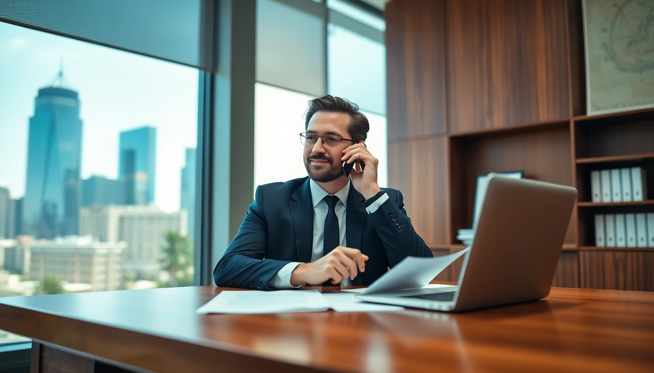 A real estate lawyer confidently consulting in a modern office.