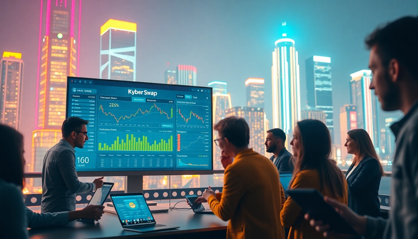 Engaged users interact with Kyber Swap's futuristic trading interface amidst a vibrant urban backdrop.