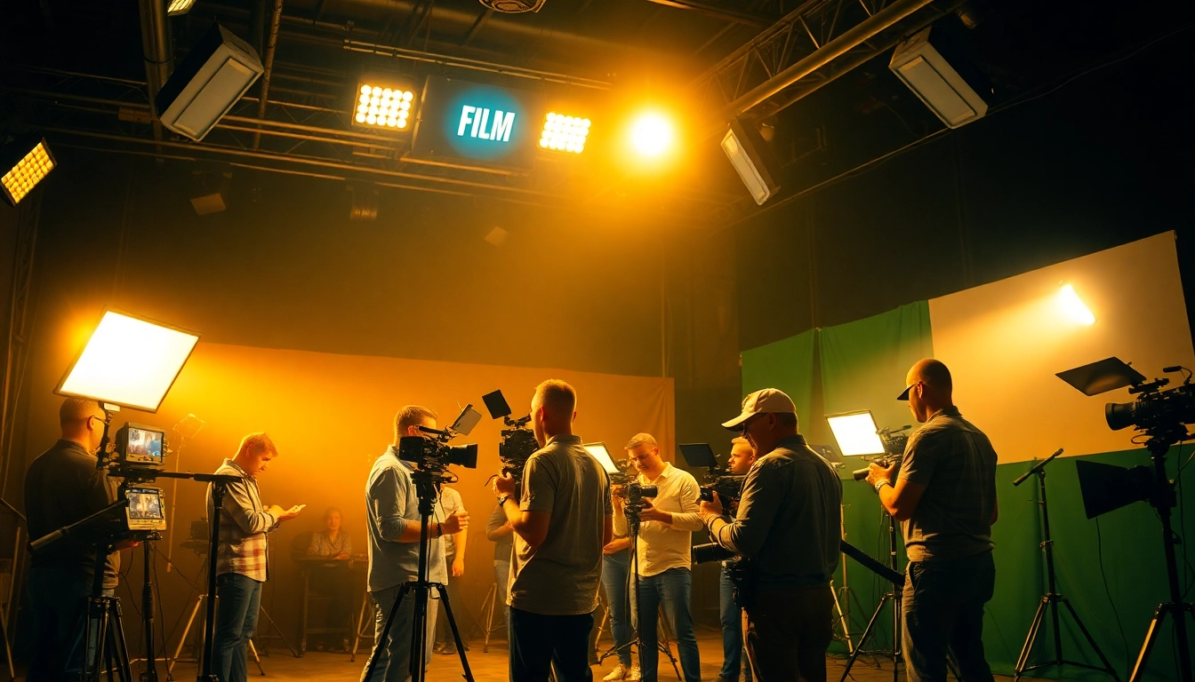 Engaging scene of 영상프로덕션 professionals collaborating on a compelling film project.