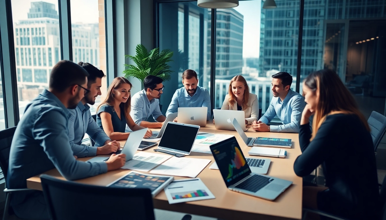 Professionals at online marketing bureau roosendaal discussing strategies in a modern office.