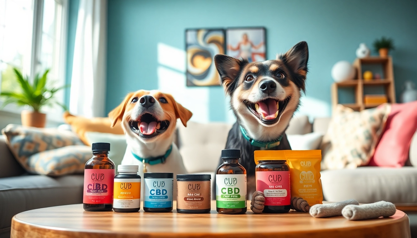 Happy pets enjoying CBD For Pets products in a cozy living room setting.