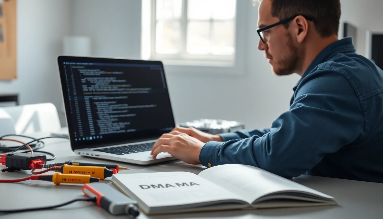 Technician analyzing dma firmware on a laptop at a modern workspace