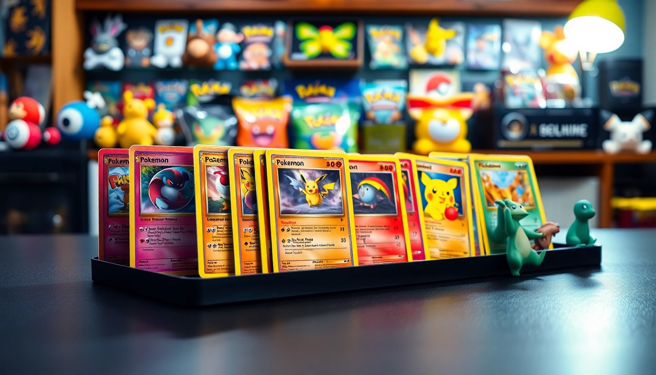 Showcasing vibrant Pokémon cards india collection on a sleek display surface.