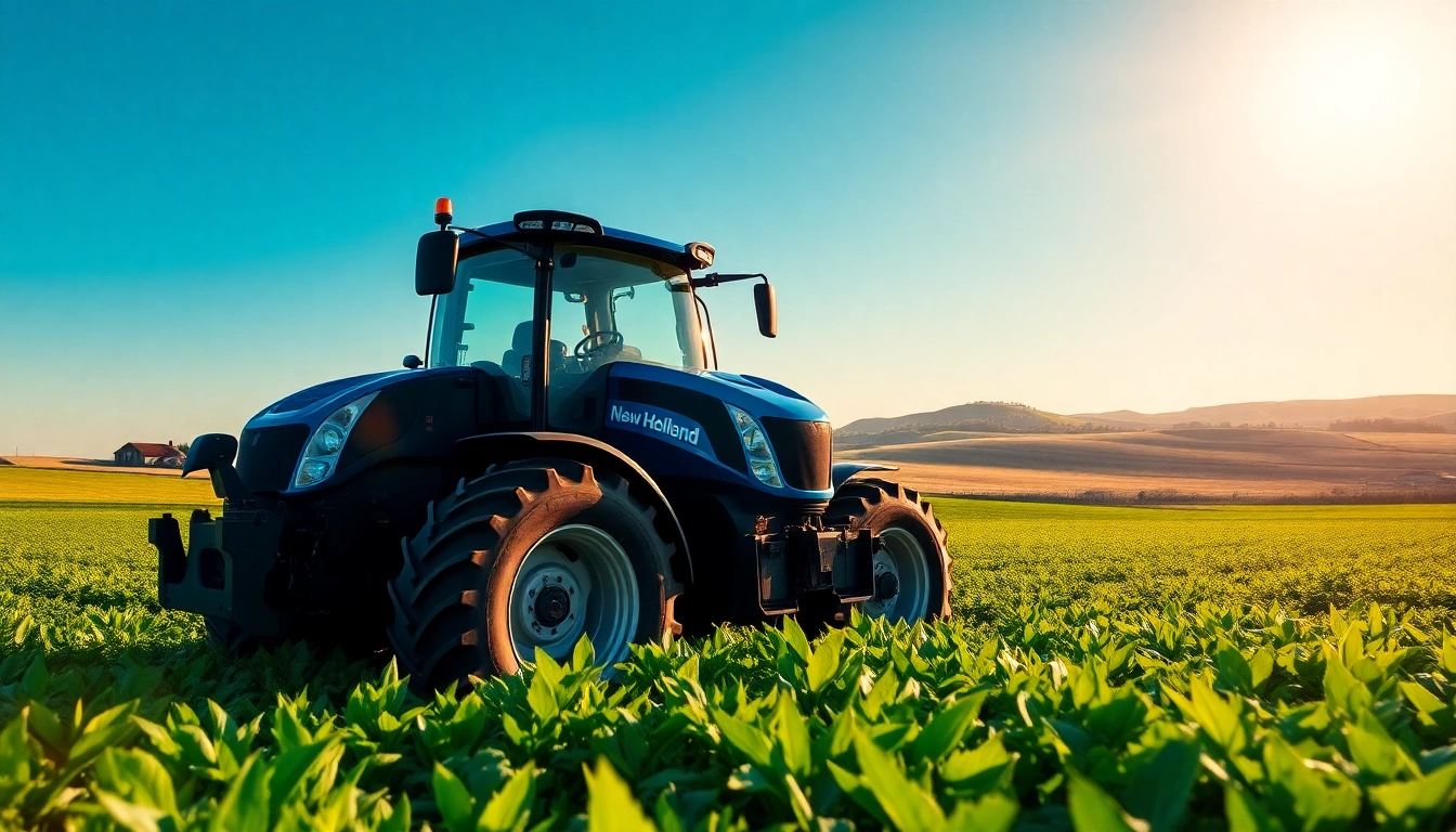 New Holland Traktor, der in einem fruchtbaren Feld arbeitet und Innovationen in der Landwirtschaft präsentiert.