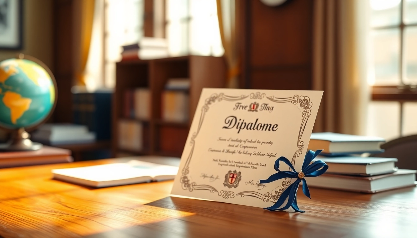 Showcase of the best fake diplomas on an elegant desk highlighting quality and design.