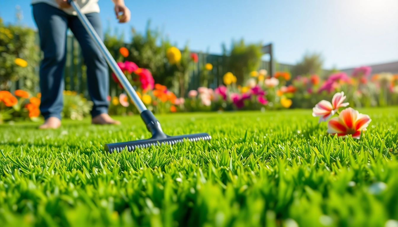 Person actively engaged in synthetic grass cleaning, ensuring a pristine outdoor area.