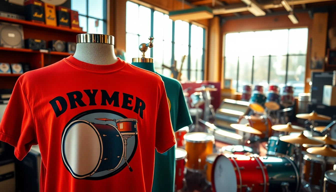 Stylish drummer shirts showcased in a vibrant music store, emphasizing musical passion.