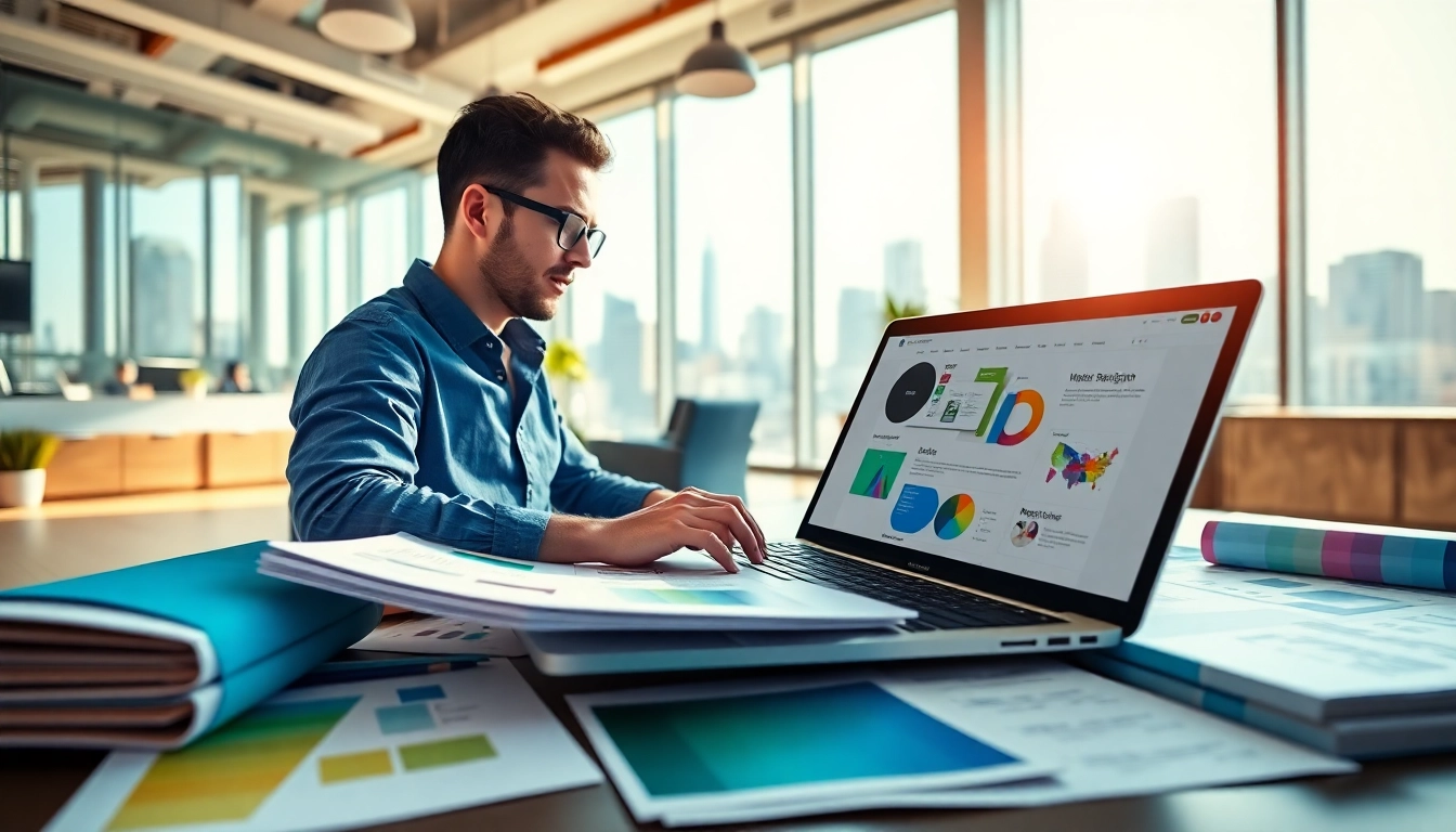 Create an engaging website design with a designer working in an inspiring urban office setting.