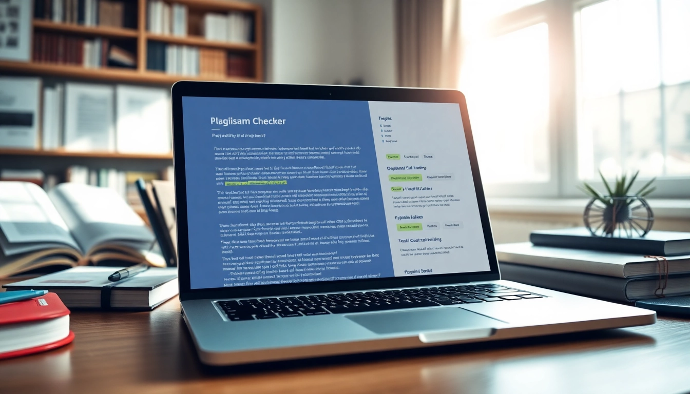 Plagiarism checker tool in use on a laptop highlighting matches in text analysis.