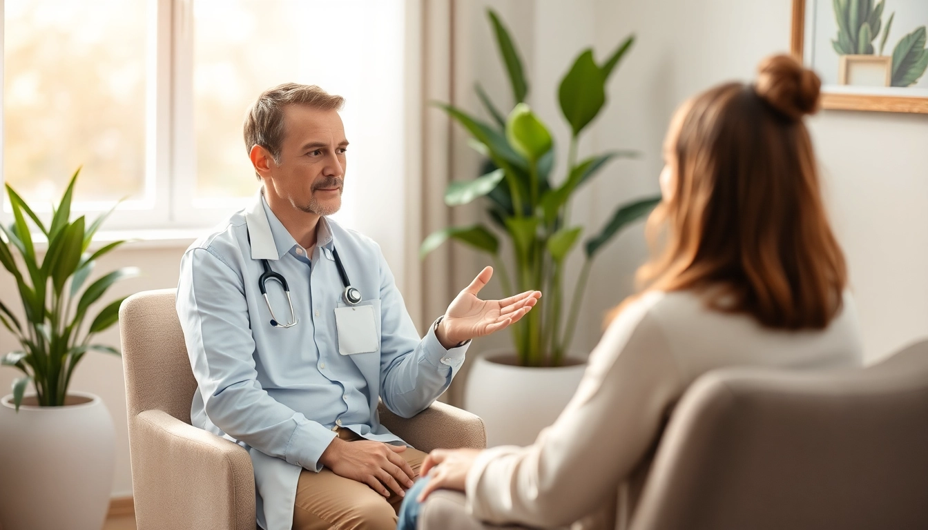 Therapist counseling a patient on dealing with anxiety in a tranquil setting
