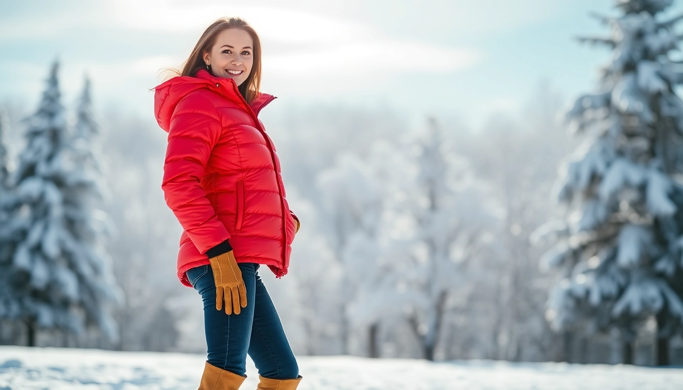 A stylish woman models a Puffer Jacket for women in a snowy outdoor setting featuring bright colors.