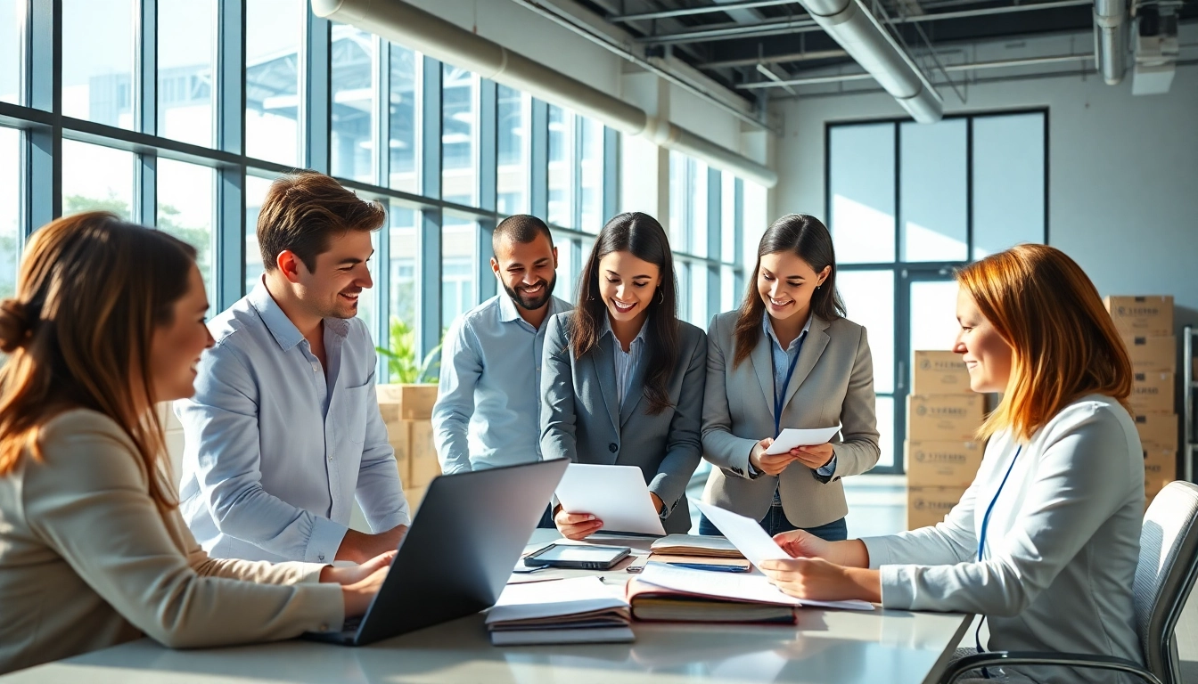 Engaging scene with import agents assisting clients in a modern office.